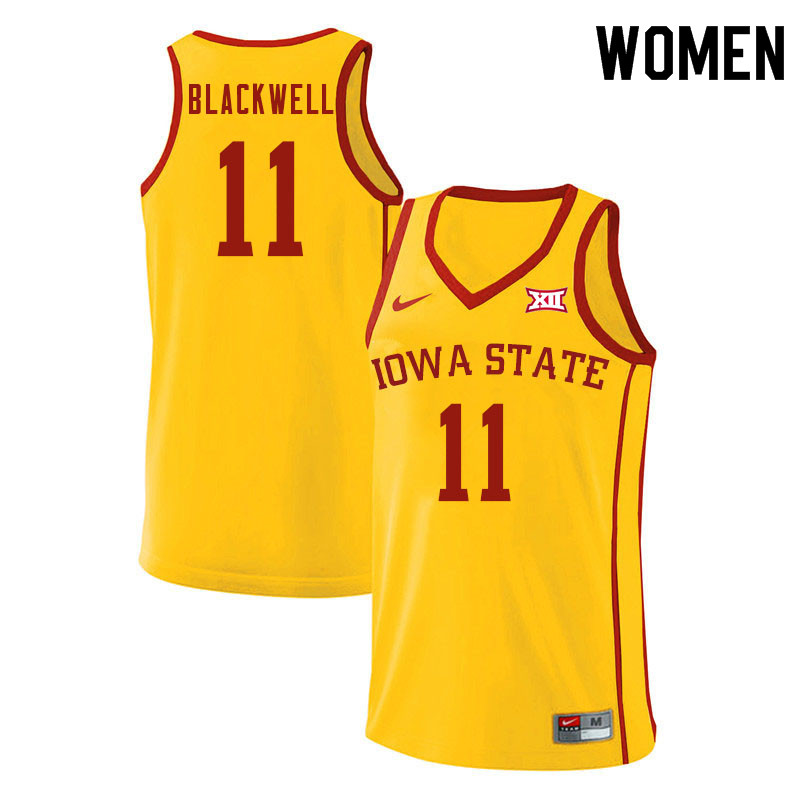 Women #11 Dudley Blackwell Iowa State Cyclones College Basketball Jerseys Sale-Yellow - Click Image to Close